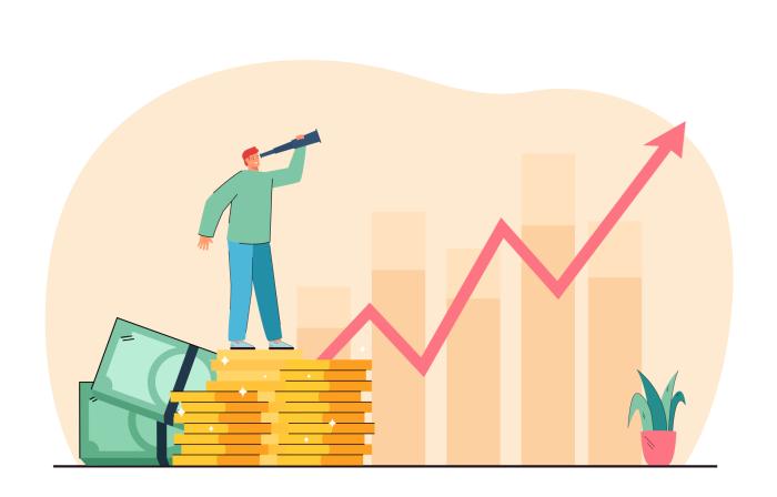 Tiny businessman with spyglass standing on stack of coins